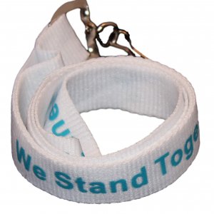 White lanyard with teal "We Stand Together" text and teal awareness ribbons