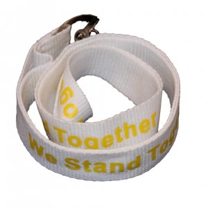 White lanyard with yellow "We Stand Together" text and yellow awareness ribbons